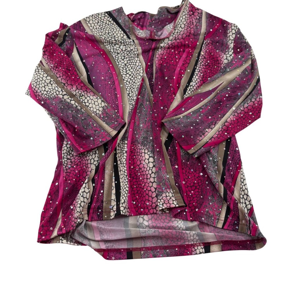 N Touch Womens Medium Pink & Beige Abstract Print Long Sleeve Stretch Blouse Y2k